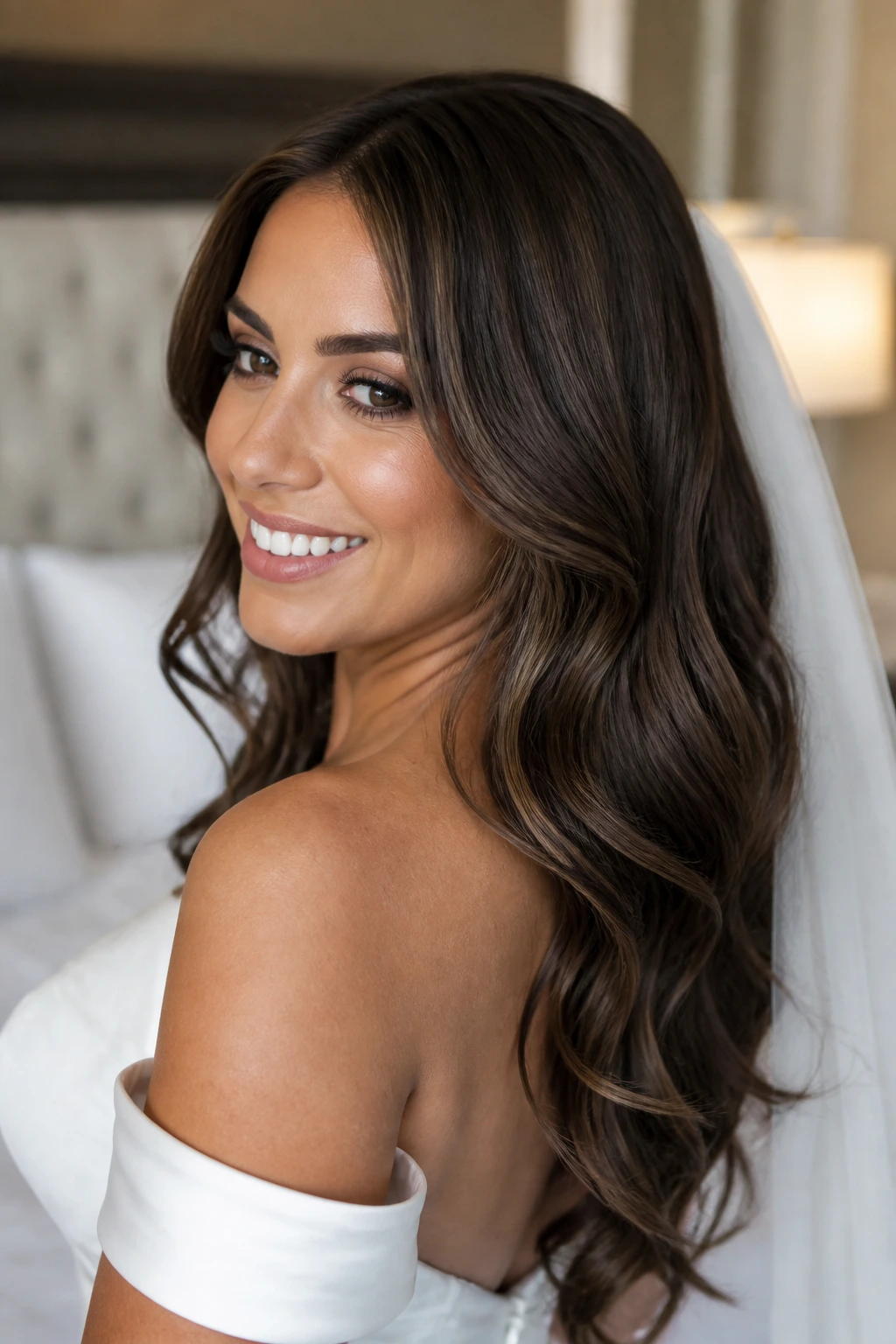 Close-up of a bride with smoky cocoa brown hair