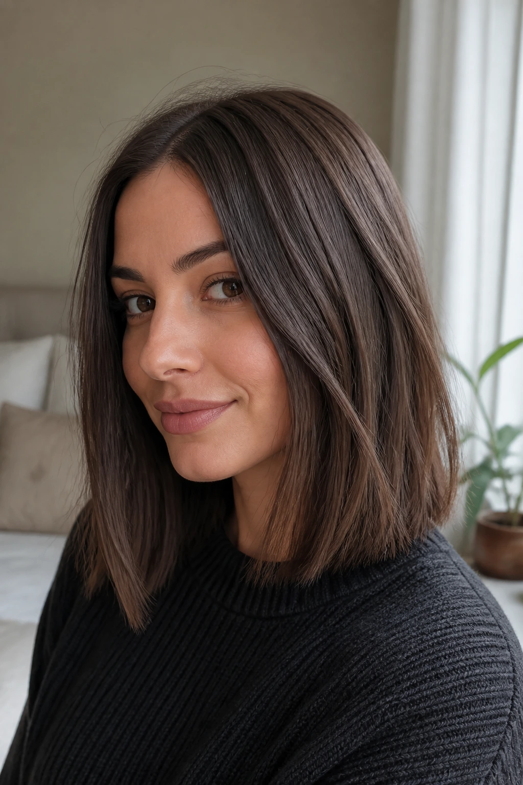 Close-up portrait of Smoky Cocoa Lob on a real woman with shoulder-length blunt lob in smoky brown tones