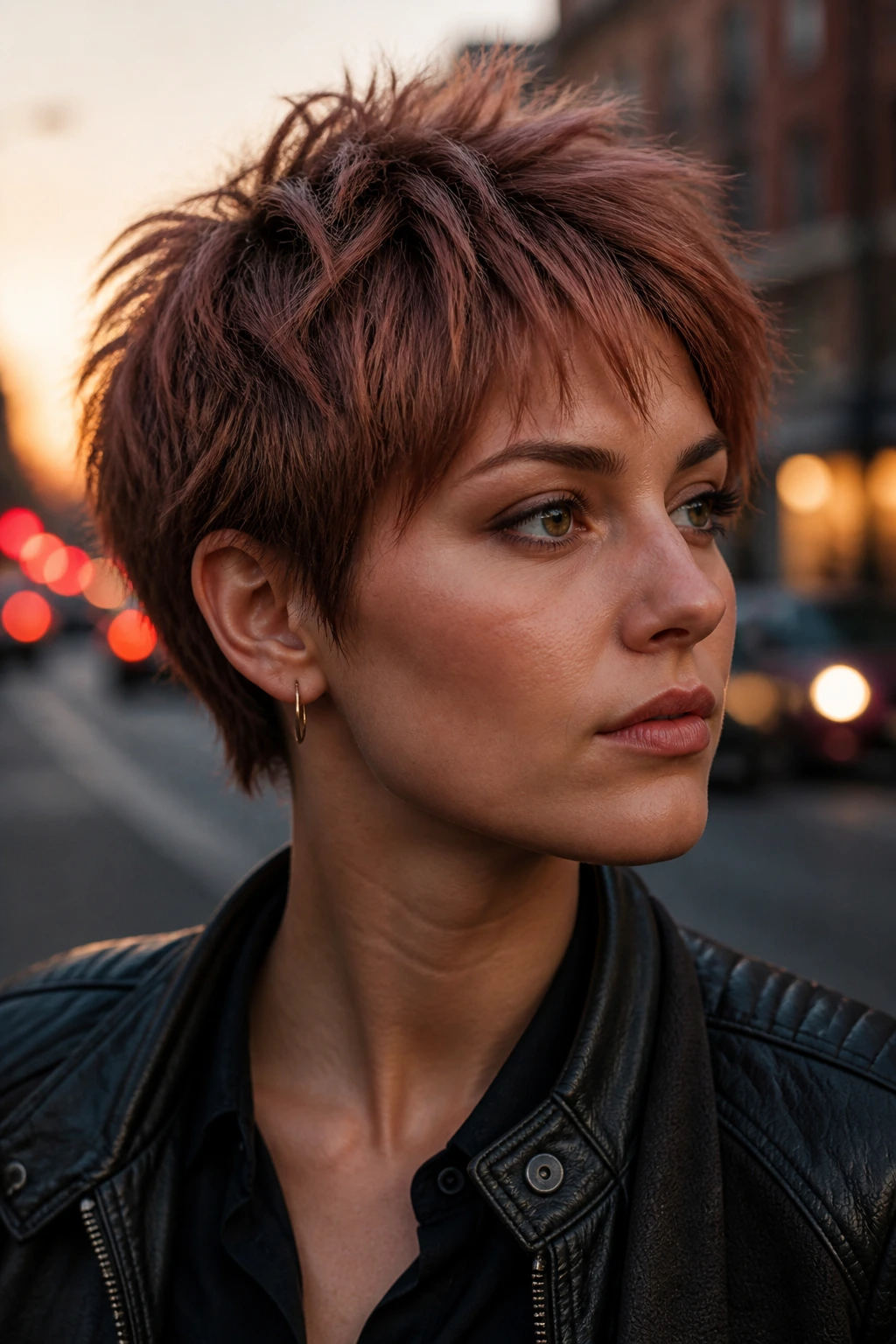Portrait of a real person with a smoky copper choppy cropped hairstyle
