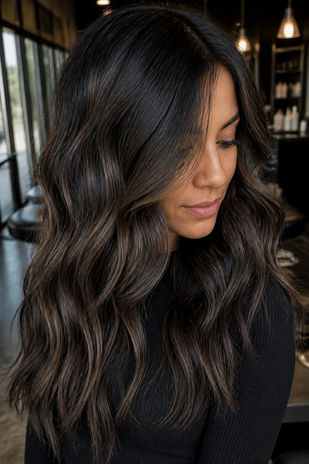 Close-up portrait of a real woman with black hair and smoky espresso foilayage