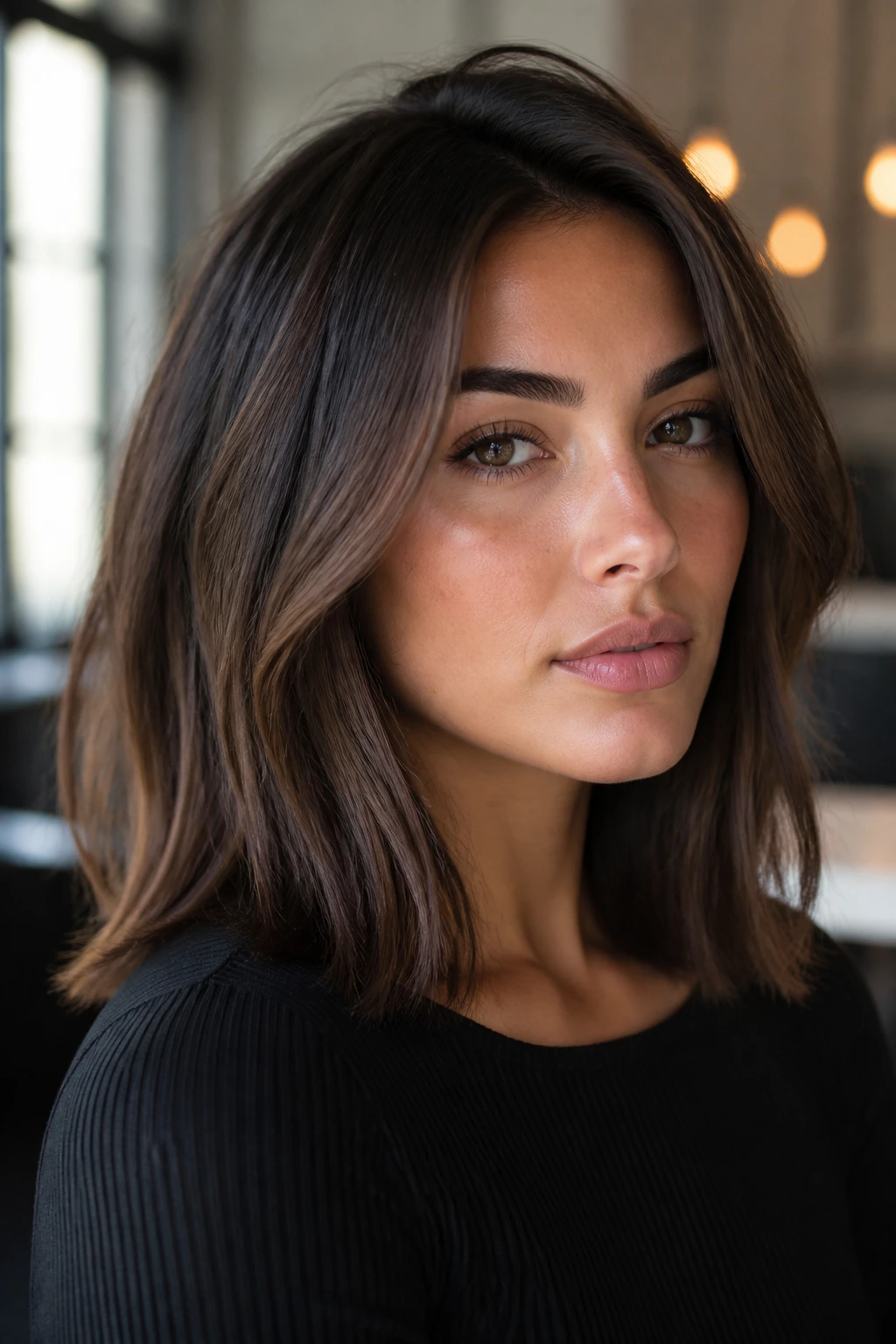 Close-up portrait of brunette with smoky espresso hair and pearl gloss under soft indoor light