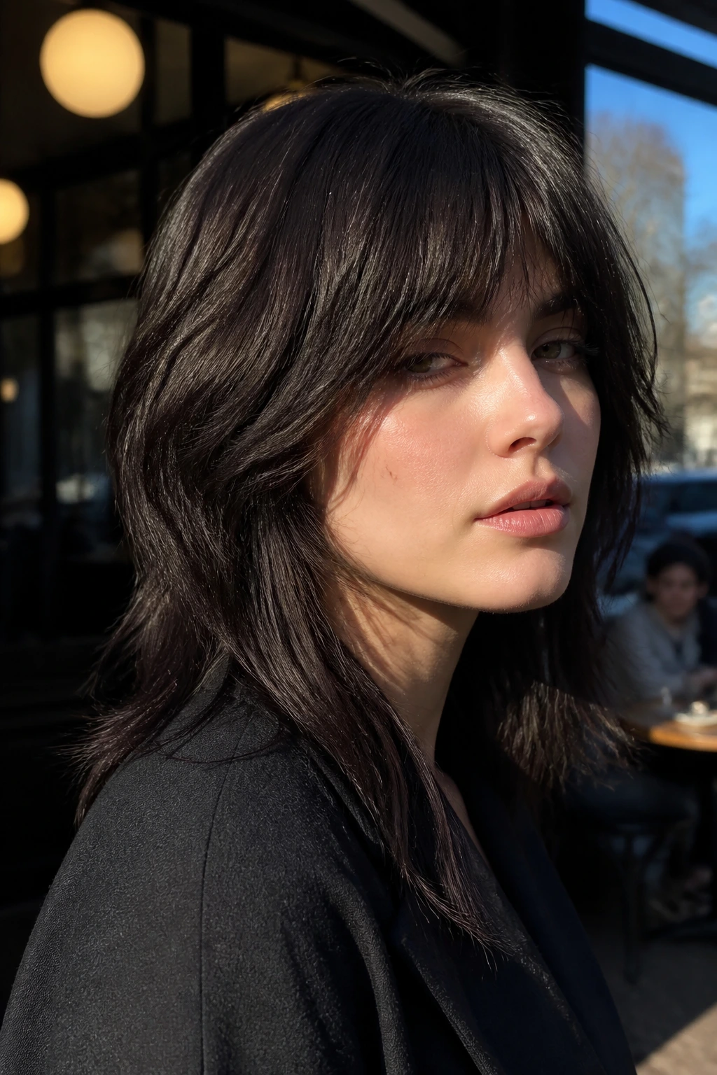 Close-up of smoky espresso wolf cut on a real person