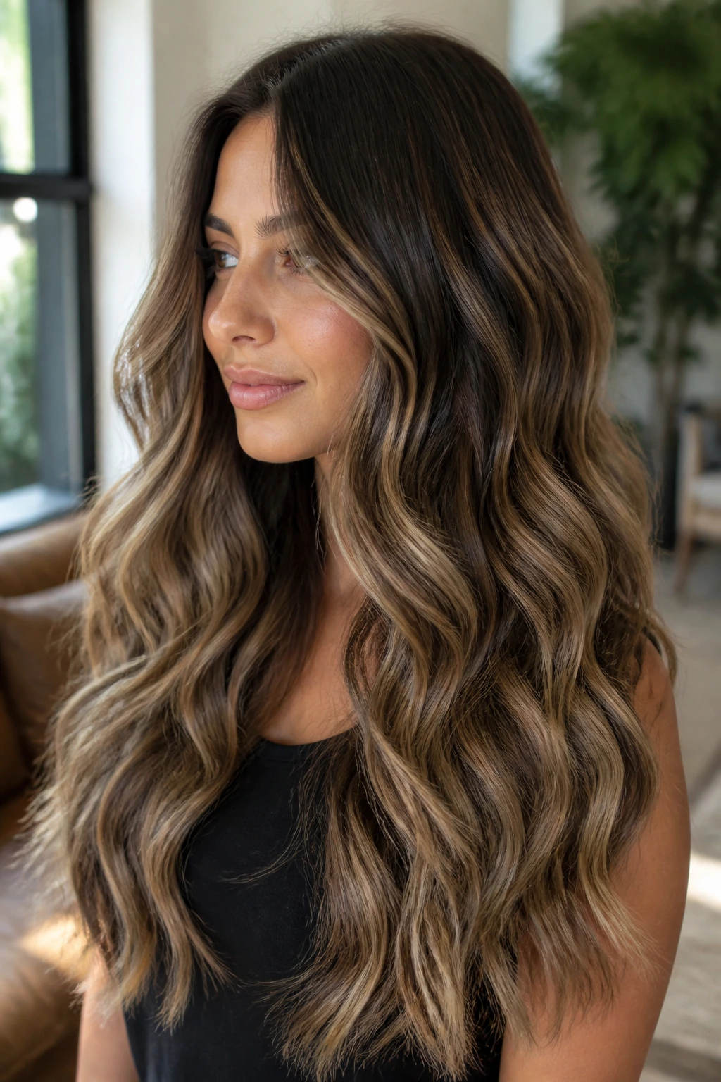 Thick long waves with smoky gold balayage in natural light