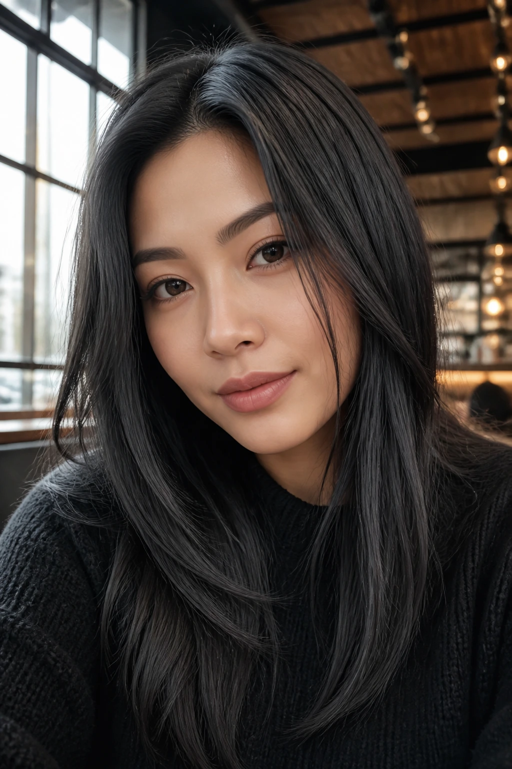 Portrait of a real person with smoky graphite black hair in a cafe setting