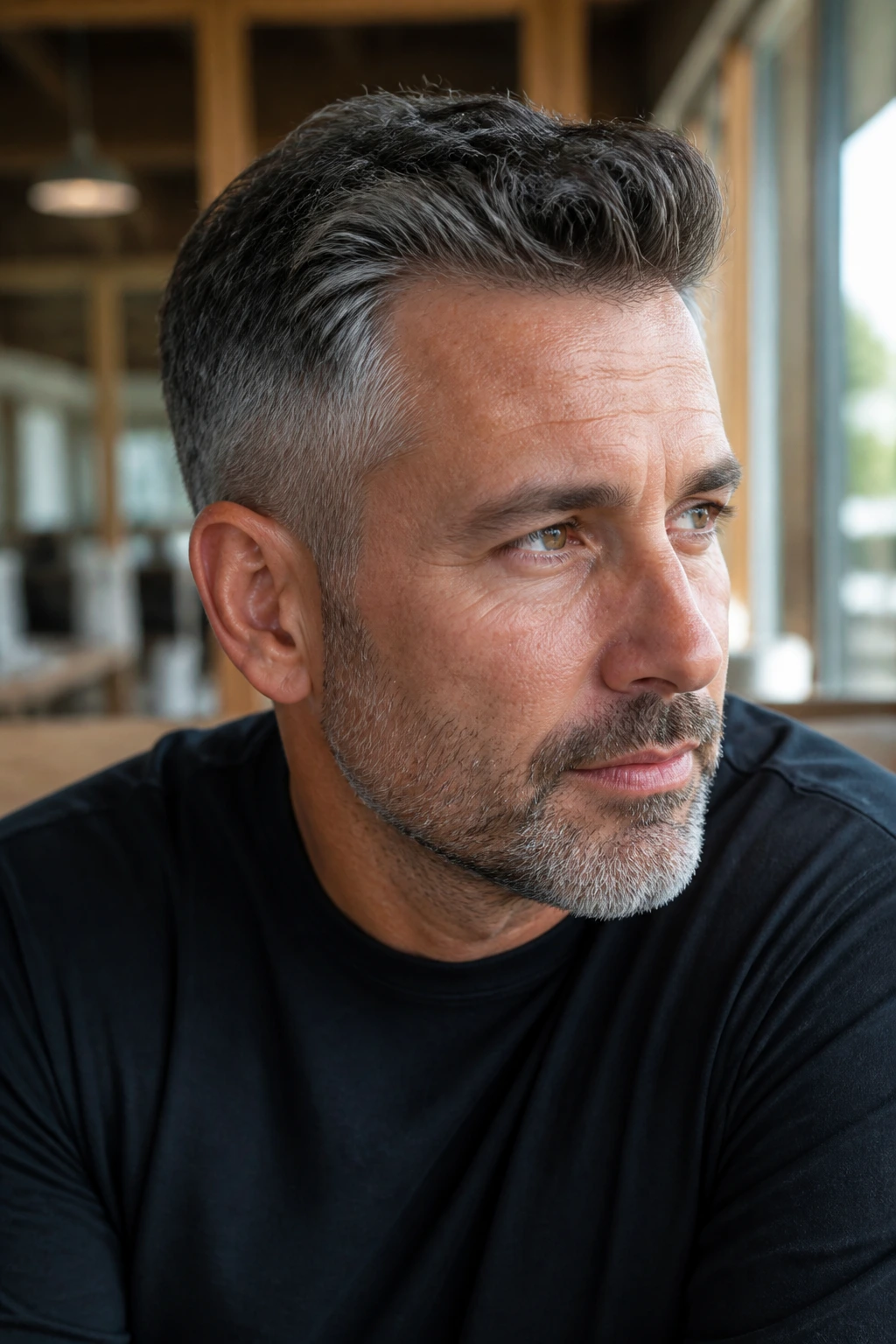 Real man with smoky gray blend hair in a modern indoor setting