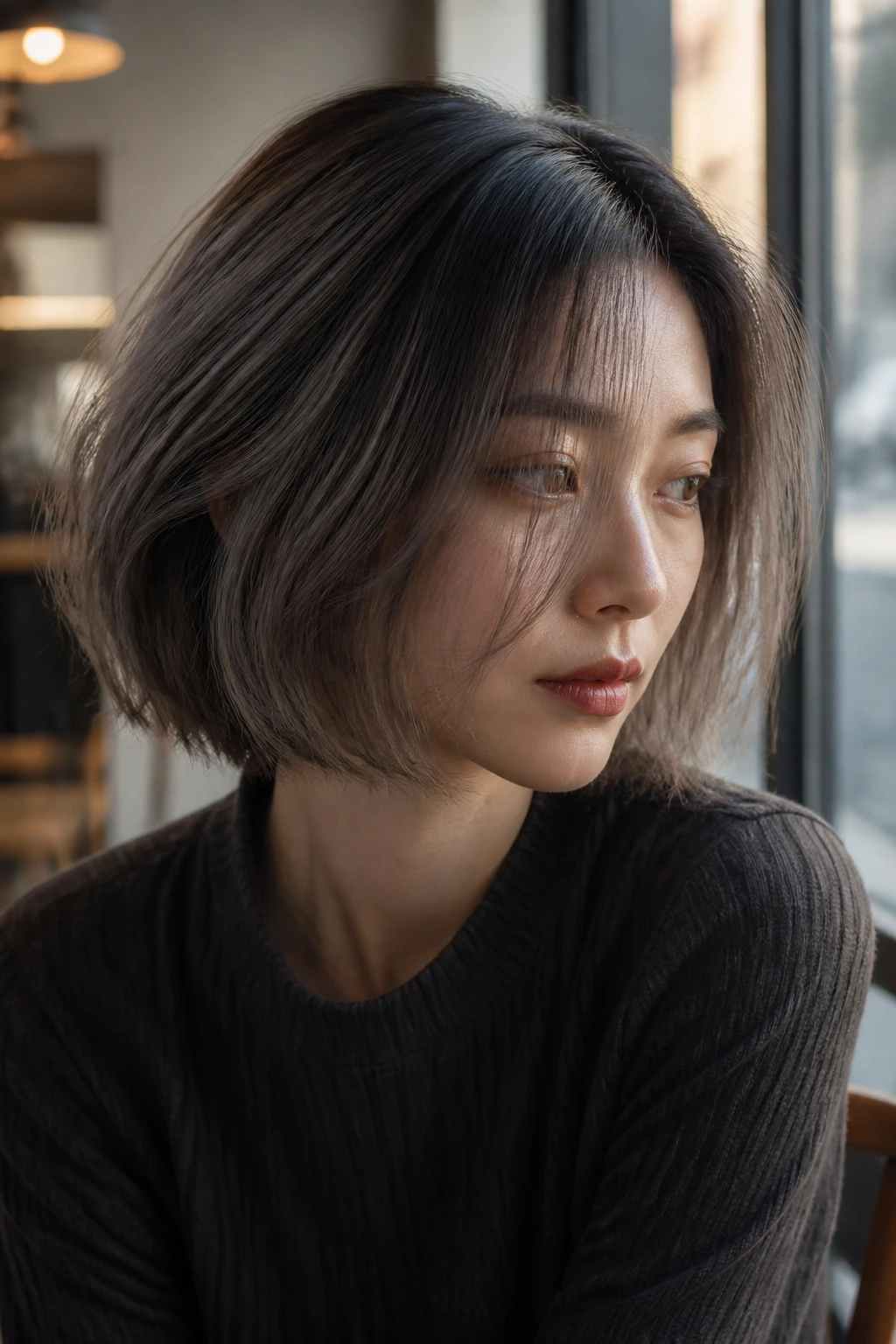 Close-up of a short bob with smoky gray-brown melt