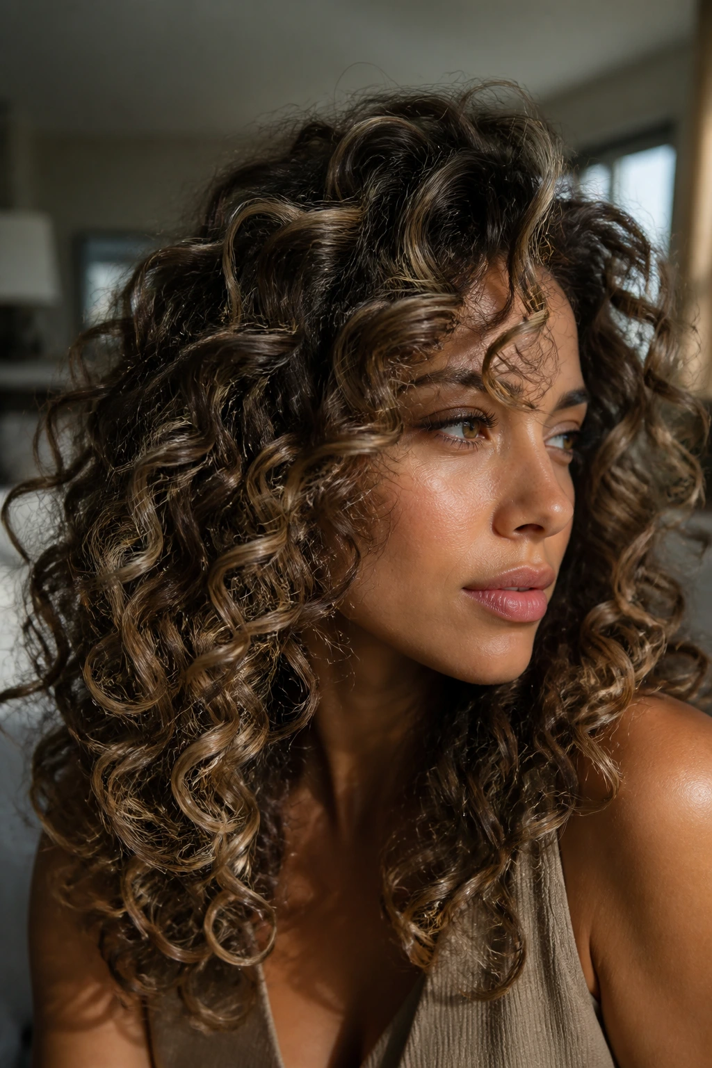 Close-up of smoky honey with ashy undertones on brunette curls