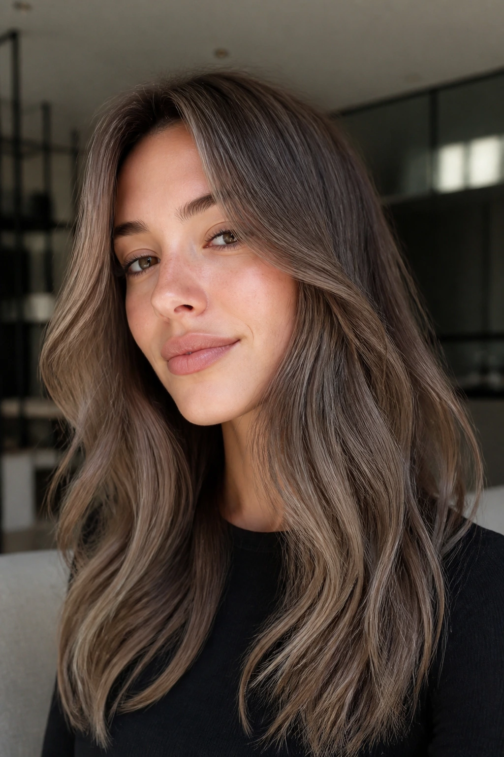 Real woman with smoky latte brown hair close-up