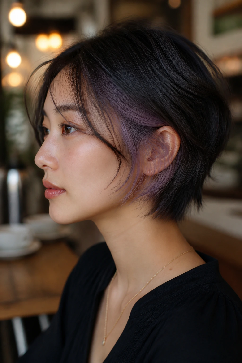 Close-up of a real woman with bixie haircut and smoky lavender peekaboo