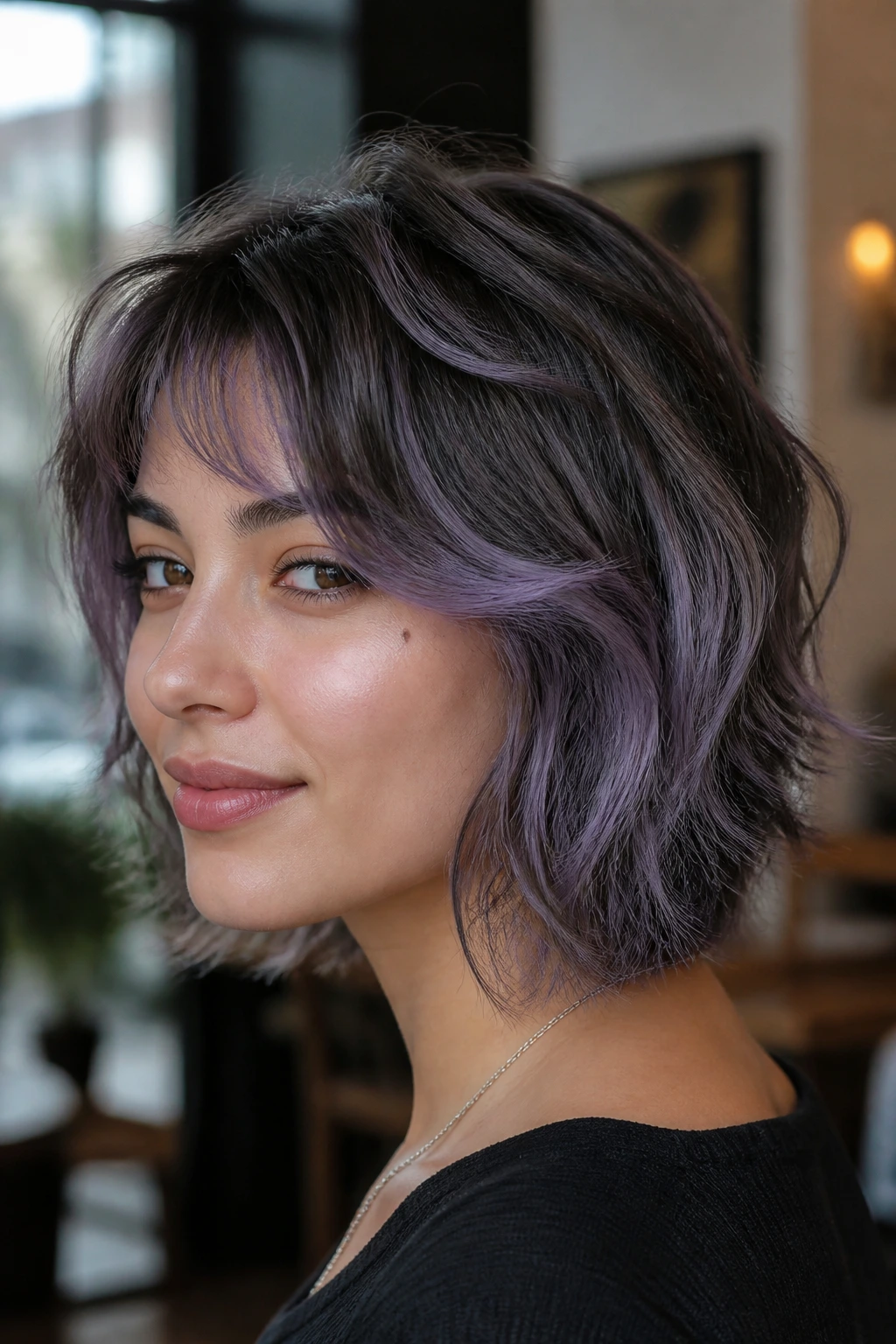 Close-up portrait of a real woman with a short shag and smoky lavender highlights.