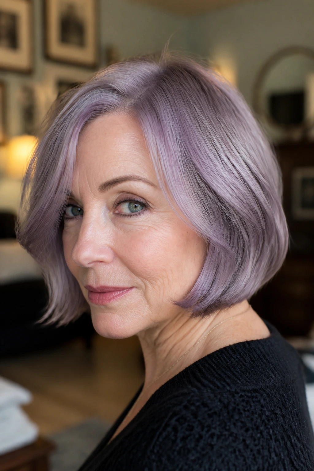 Portrait of a real person with a dusty smoky lilac bob