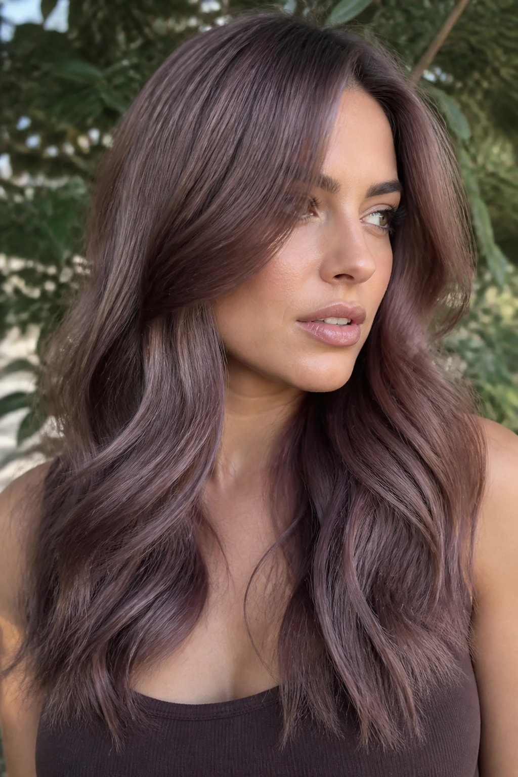 Close-up of brunette with smoky lilac brown hair in natural light