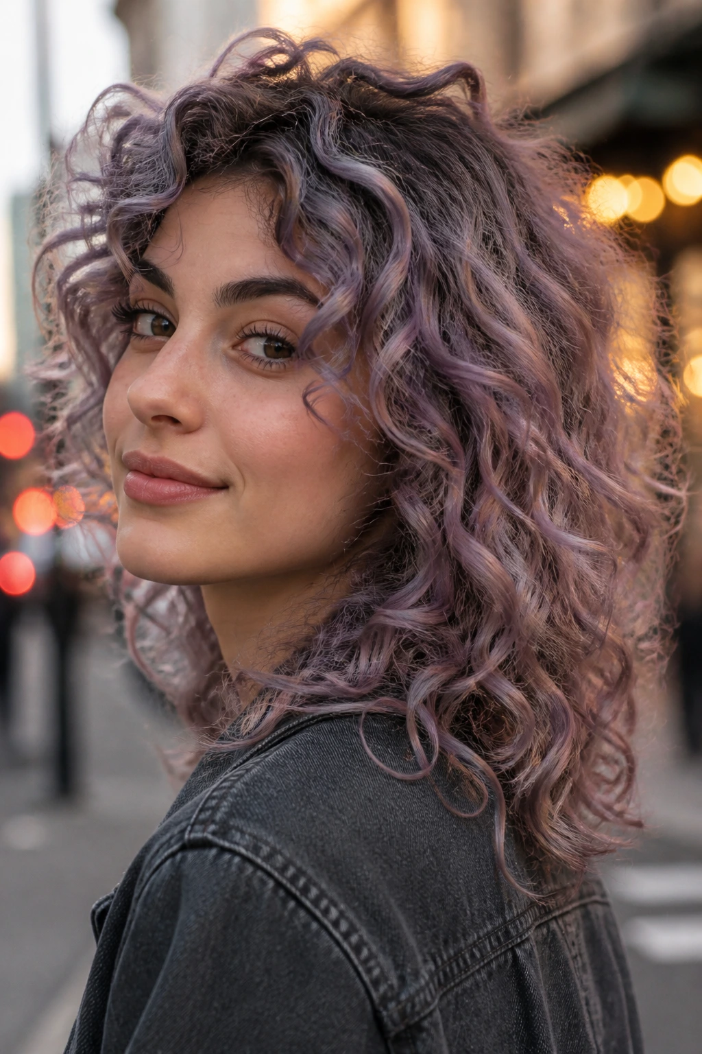 Close-up of a real person with smoky lilac curls on a city street at golden hour