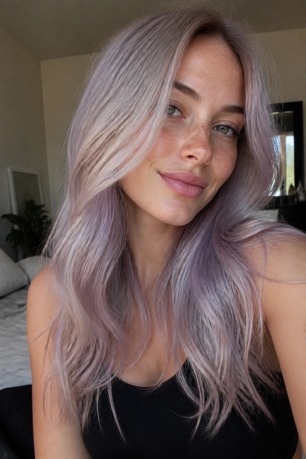 Close-up portrait of a real woman with smoky lilac hair on pale blonde base in natural window light