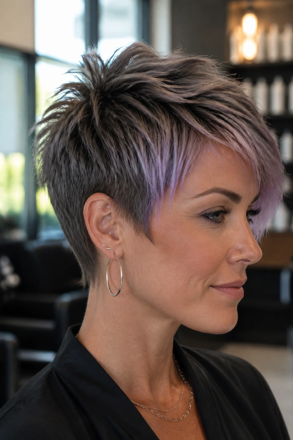Close-up portrait of a real person with smoky lilac ends on a pixie cut.