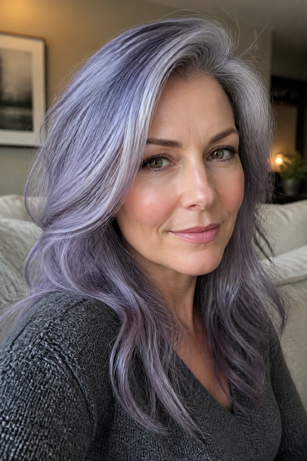 Close-up of a person with smoky lilac silver hair in warm indoor light