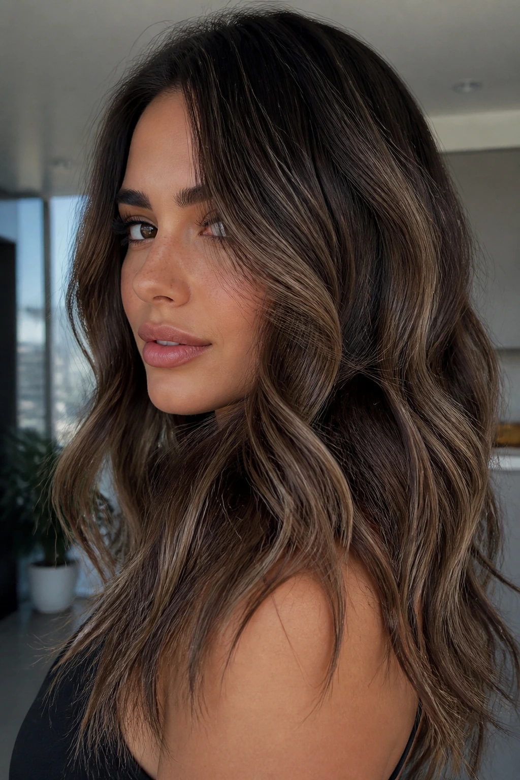 Close-up portrait of a real woman with smoky mocha balayage and hidden lowlights