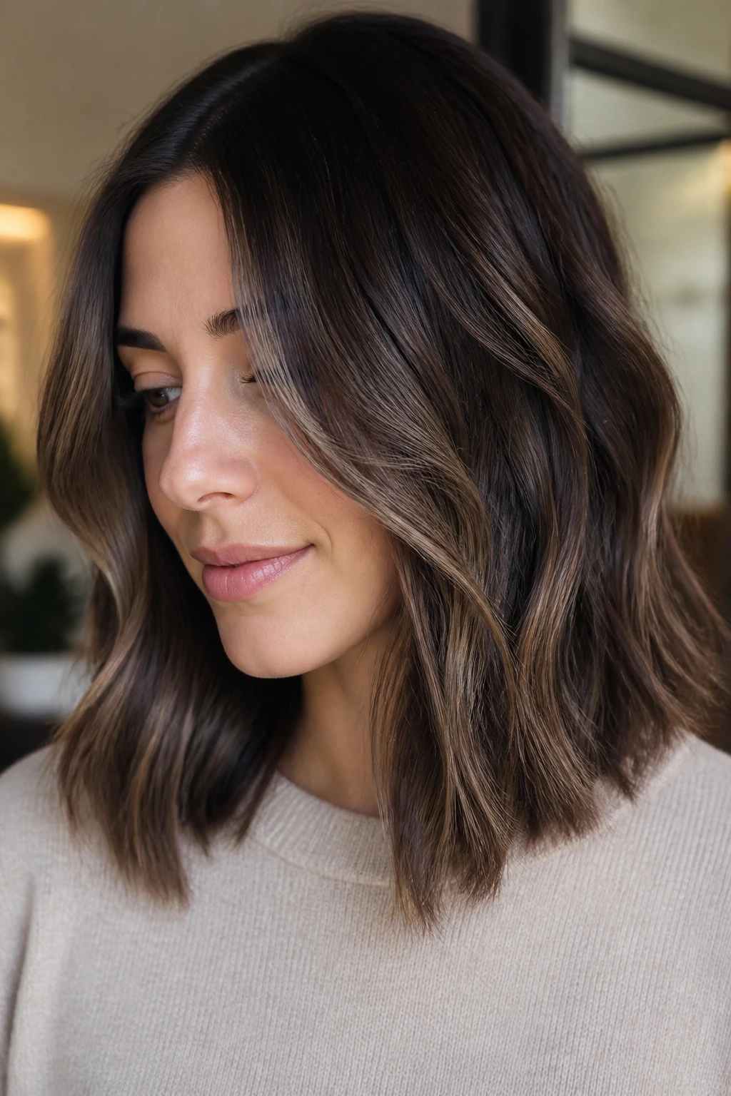 Portrait of a woman with smoky mocha balayage on shoulder-length hair