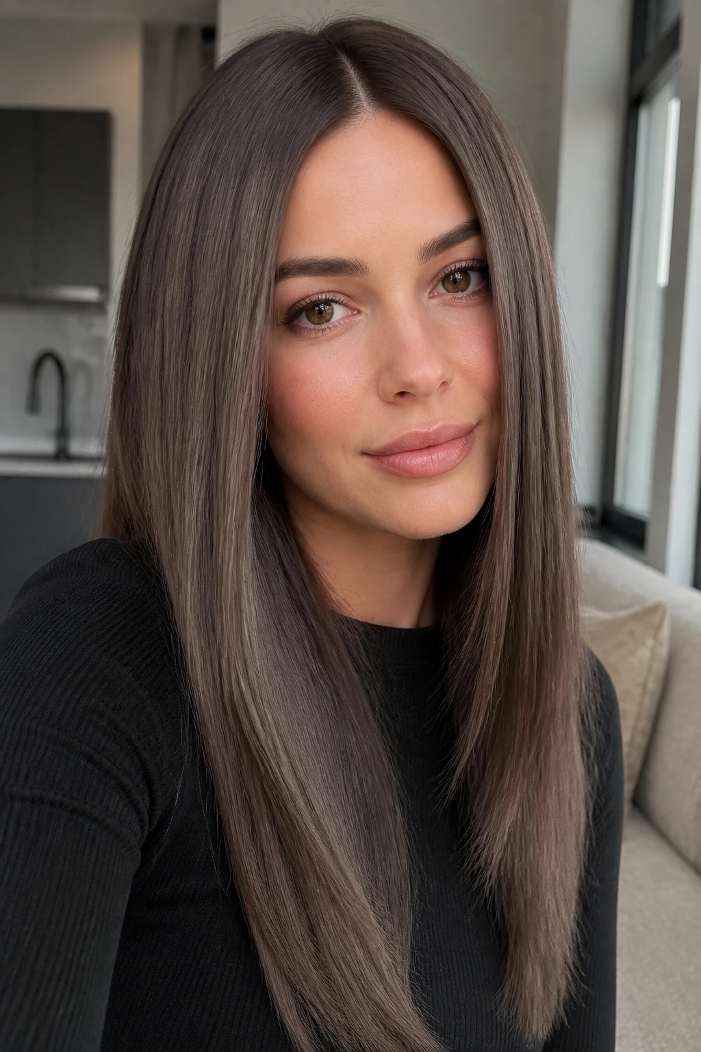 Close-up portrait of a real woman with smoky mocha hair, cool gray-brown shade