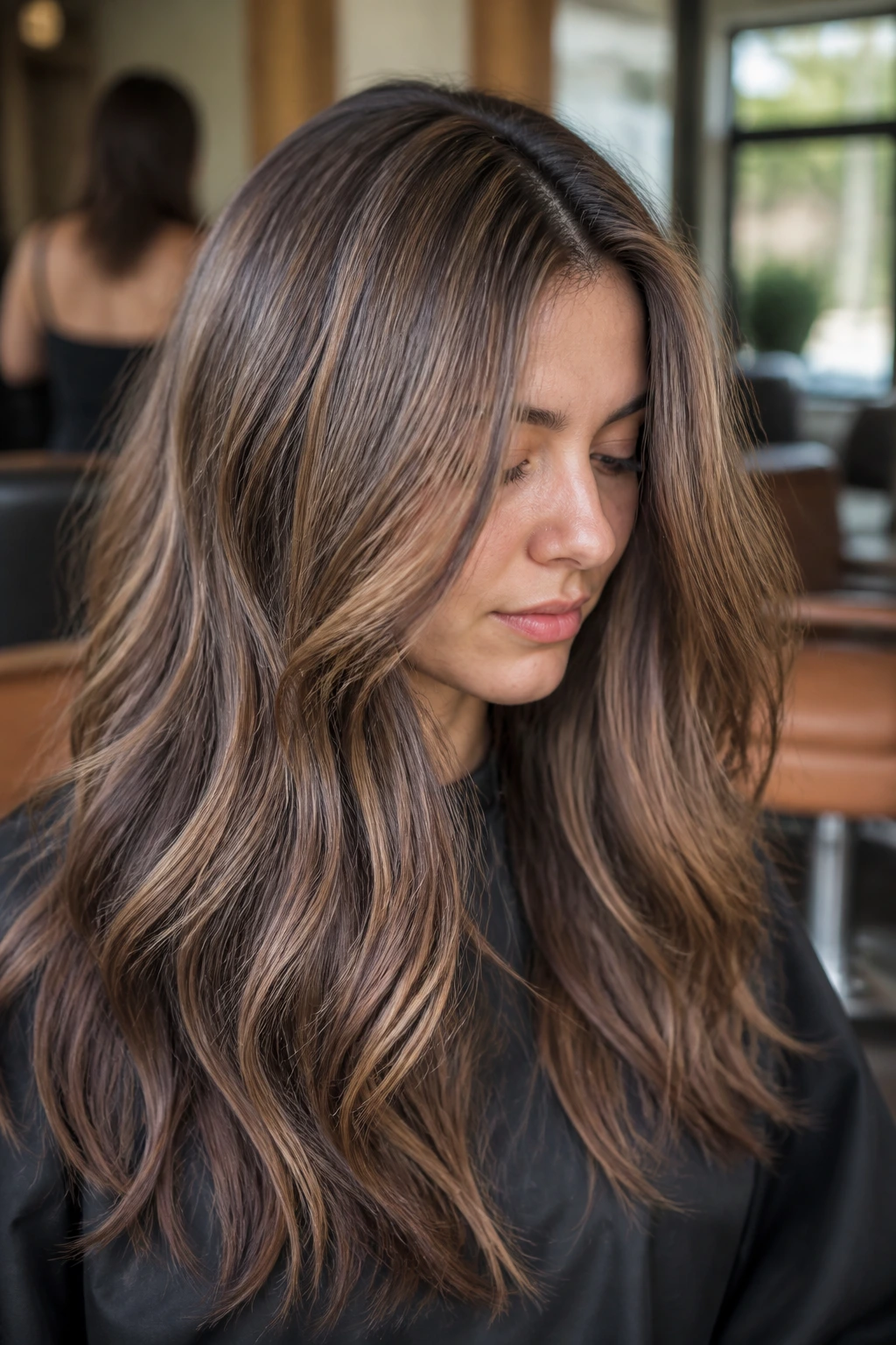 Portrait of a real woman with smoky mocha lowlights beneath a lighter top layer in a salon