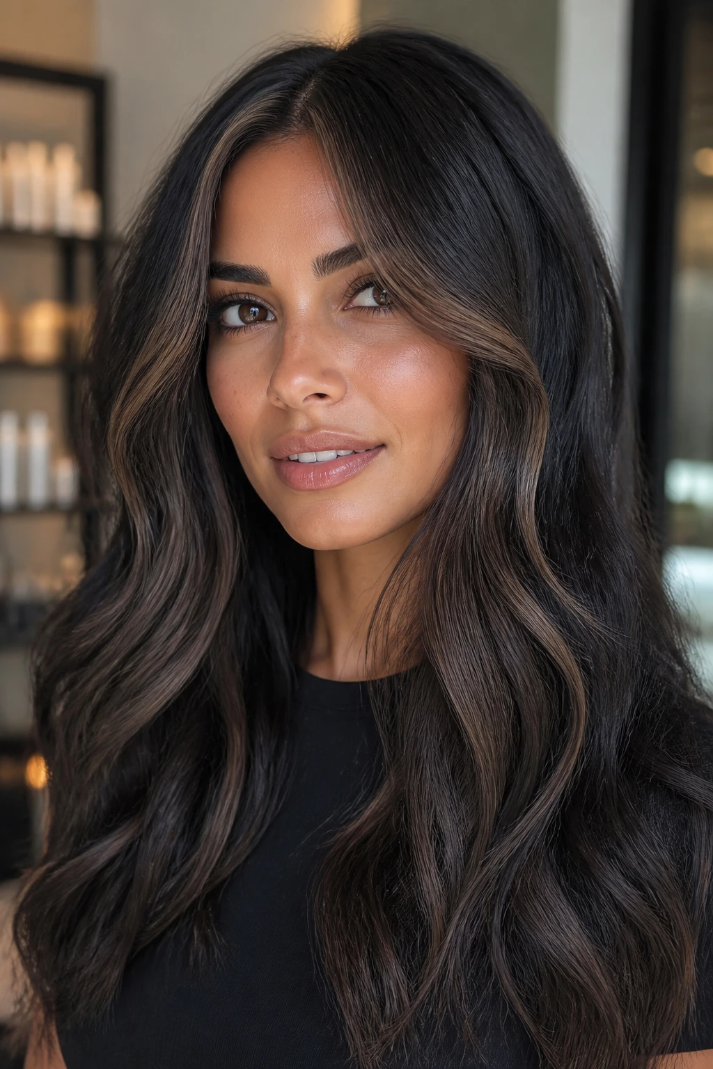 Close-up of smoky mocha money piece on black hair framing the face