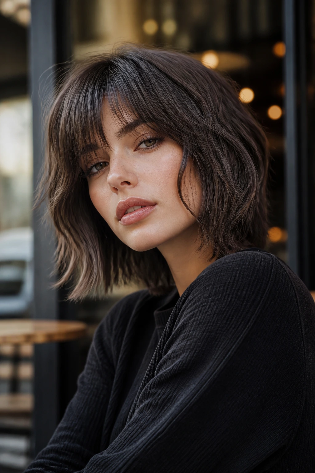 Real woman with smoky mocha shaggy bob in cool muted shade