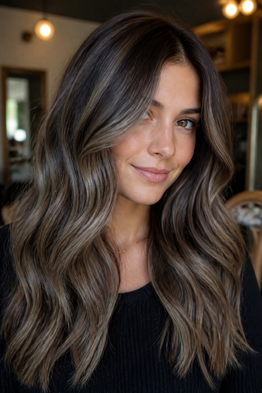 Brunette with smoky mushroom balayage featuring taupe ribbons and beige mids