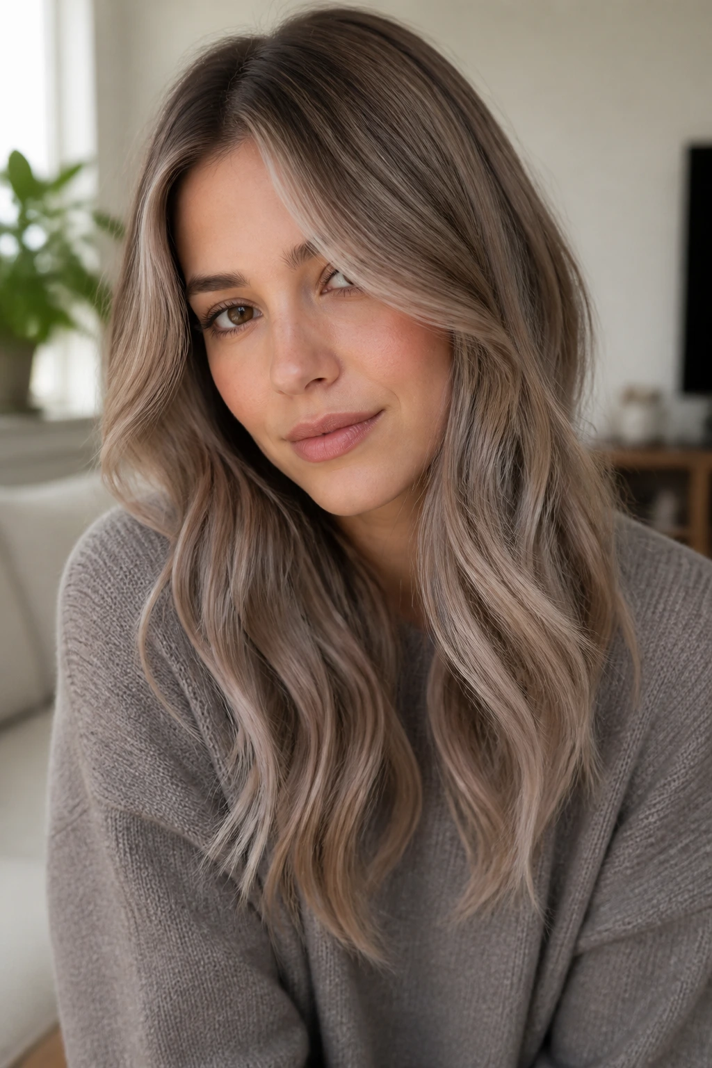 Portrait of a person with smoky mushroom blonde hair in a taupe-beige blend