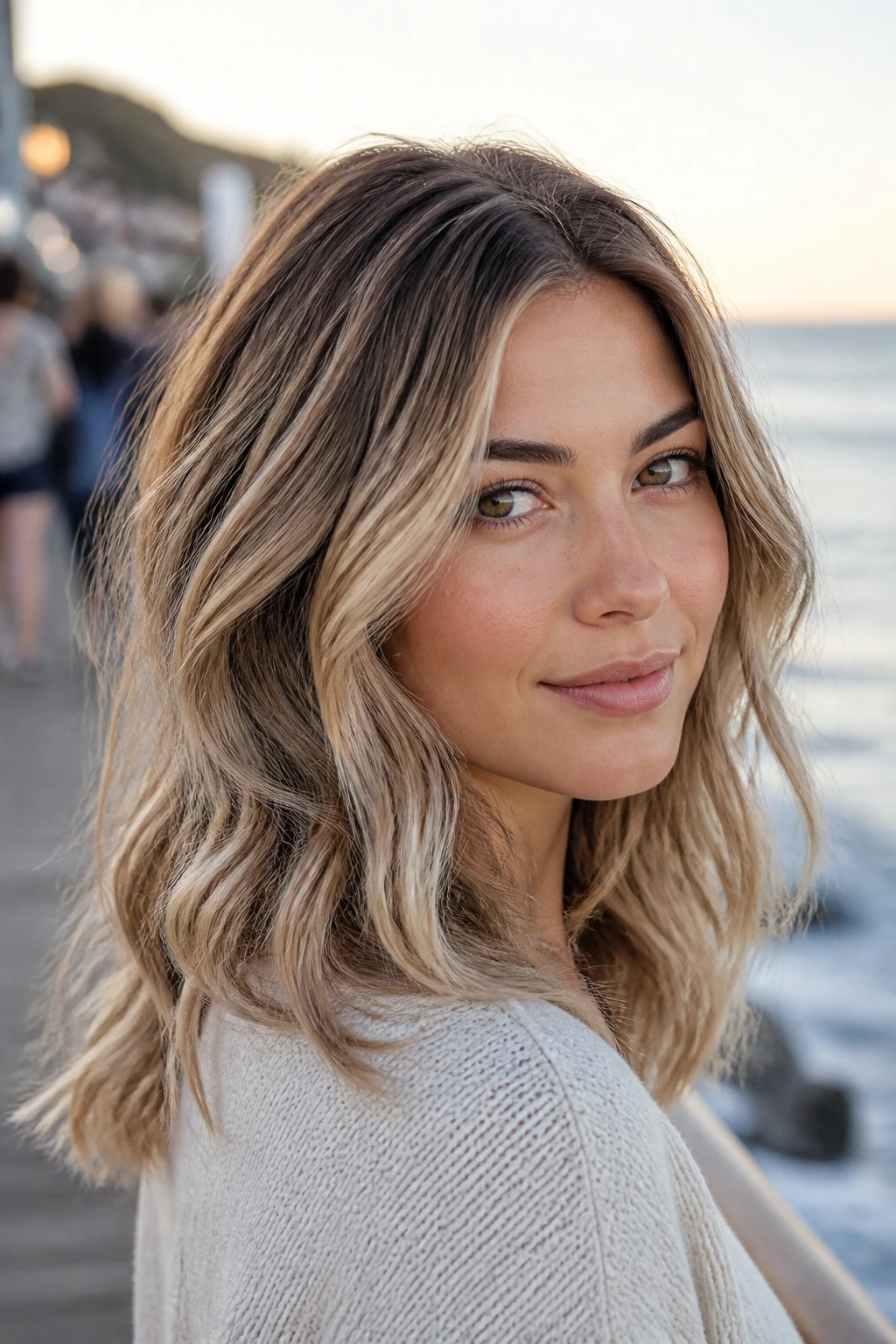 Portrait of a real woman with smoky mushroom blonde hair and smoky lowlights in warm coastal light