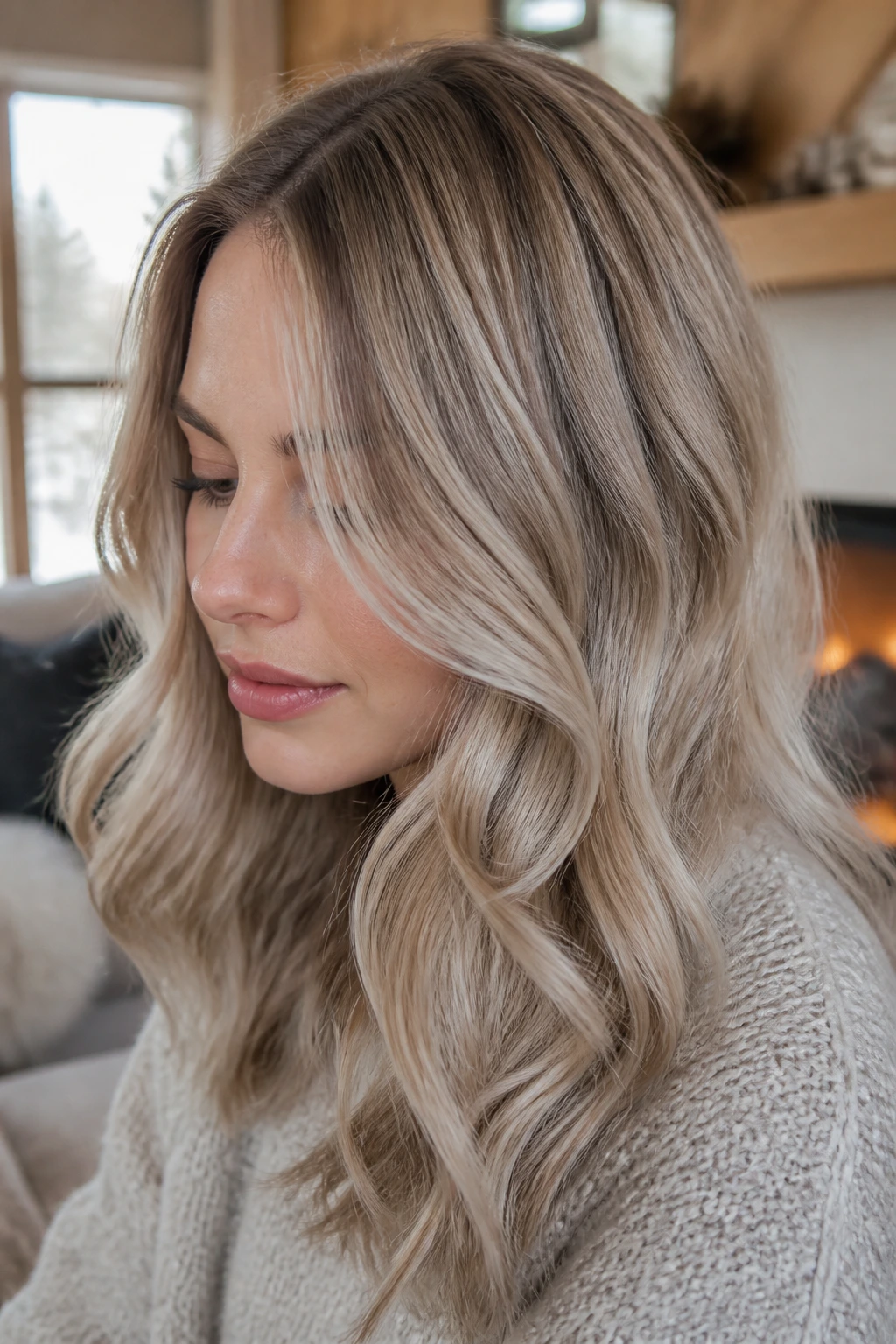 Close-up of a real person with smoky mushroom blonde hair, cool beige roots and soft lowlights in warm winter light