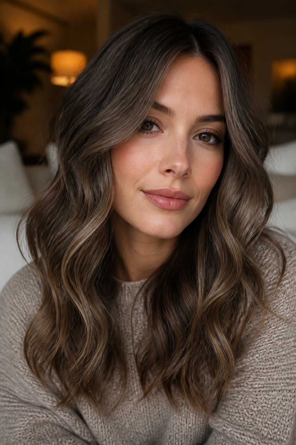 Close-up portrait of real brunette with smoky mushroom tones in waves