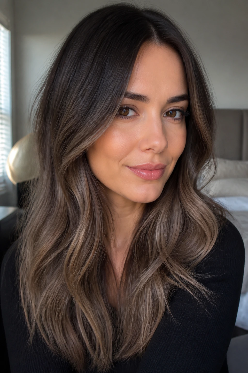 Close-up of smoky mushroom brunette with beige-taupe fade