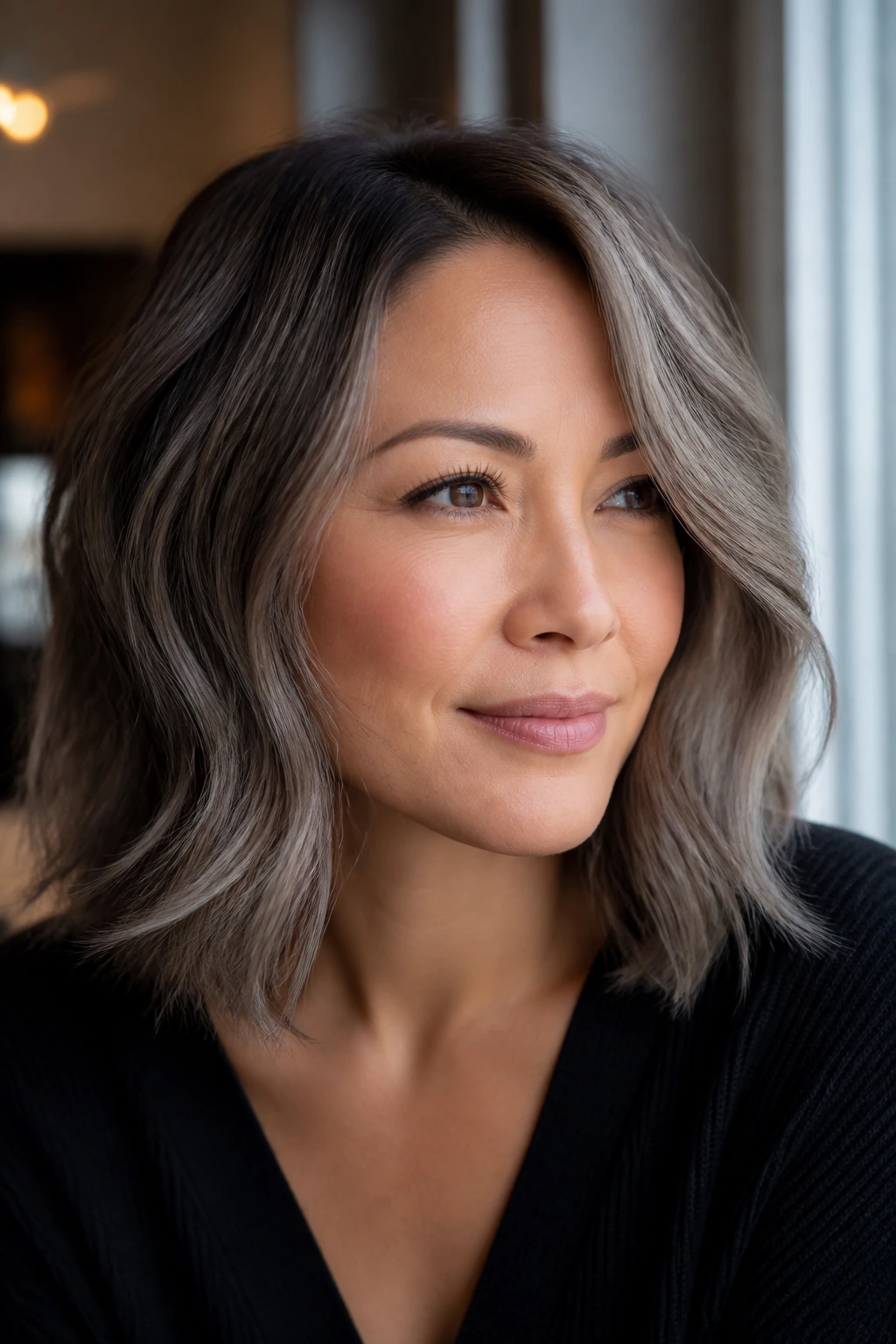 Close-up of smoky mushroom gray hair with a soft root shadow on a real person