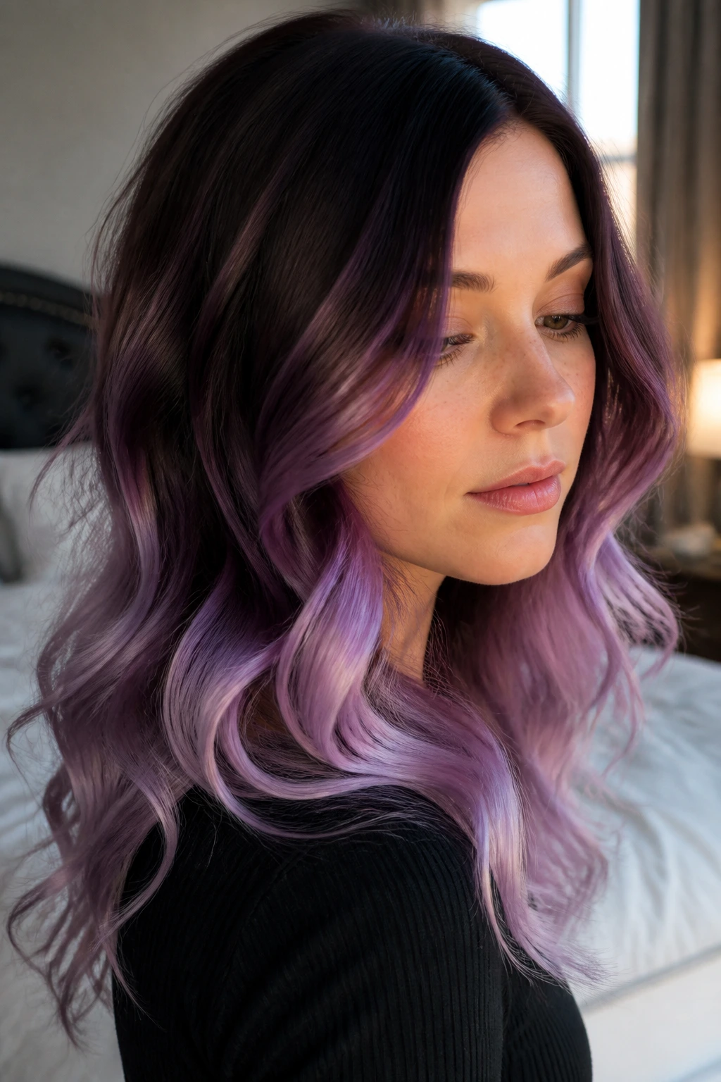 Close-up of a real woman with smoky orchid ombré hair fading from dark roots to light ends