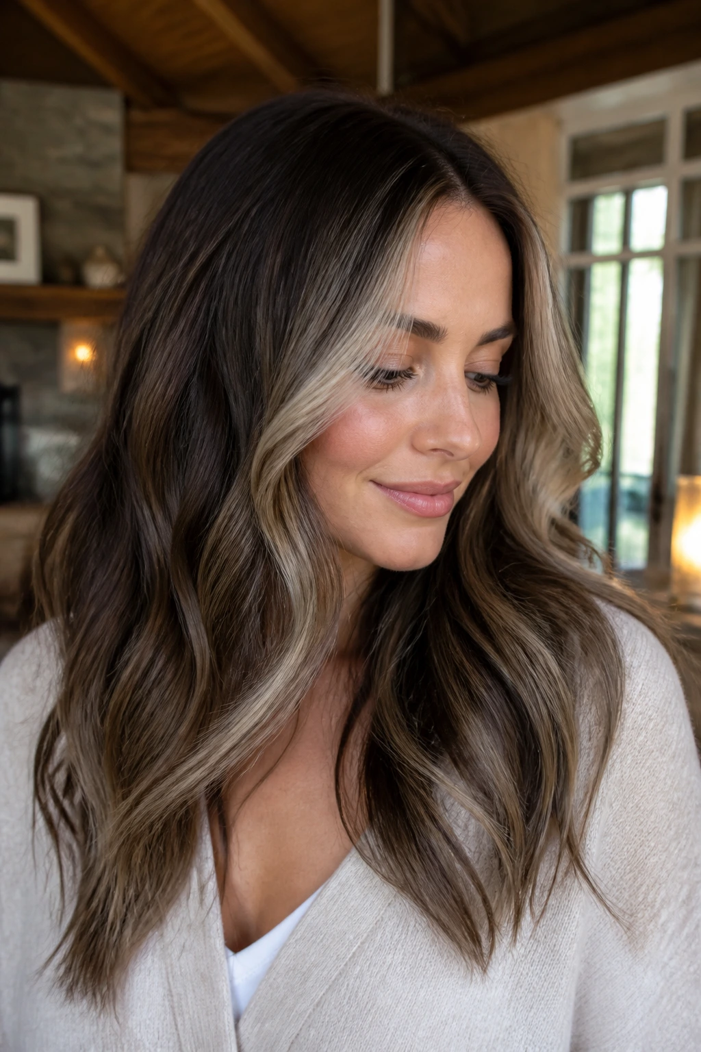 Close-up portrait of a woman with smoky pearl money piece on soft brunette hair