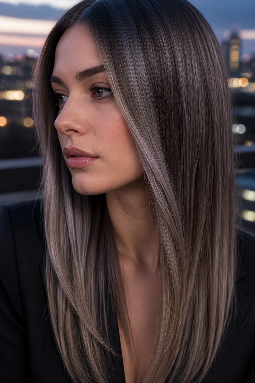 Close-up of a real woman with smoky pewter melt on straight hair