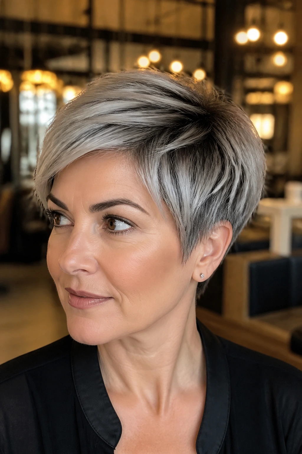 Portrait of real person with smoky silver pixie and dark roots