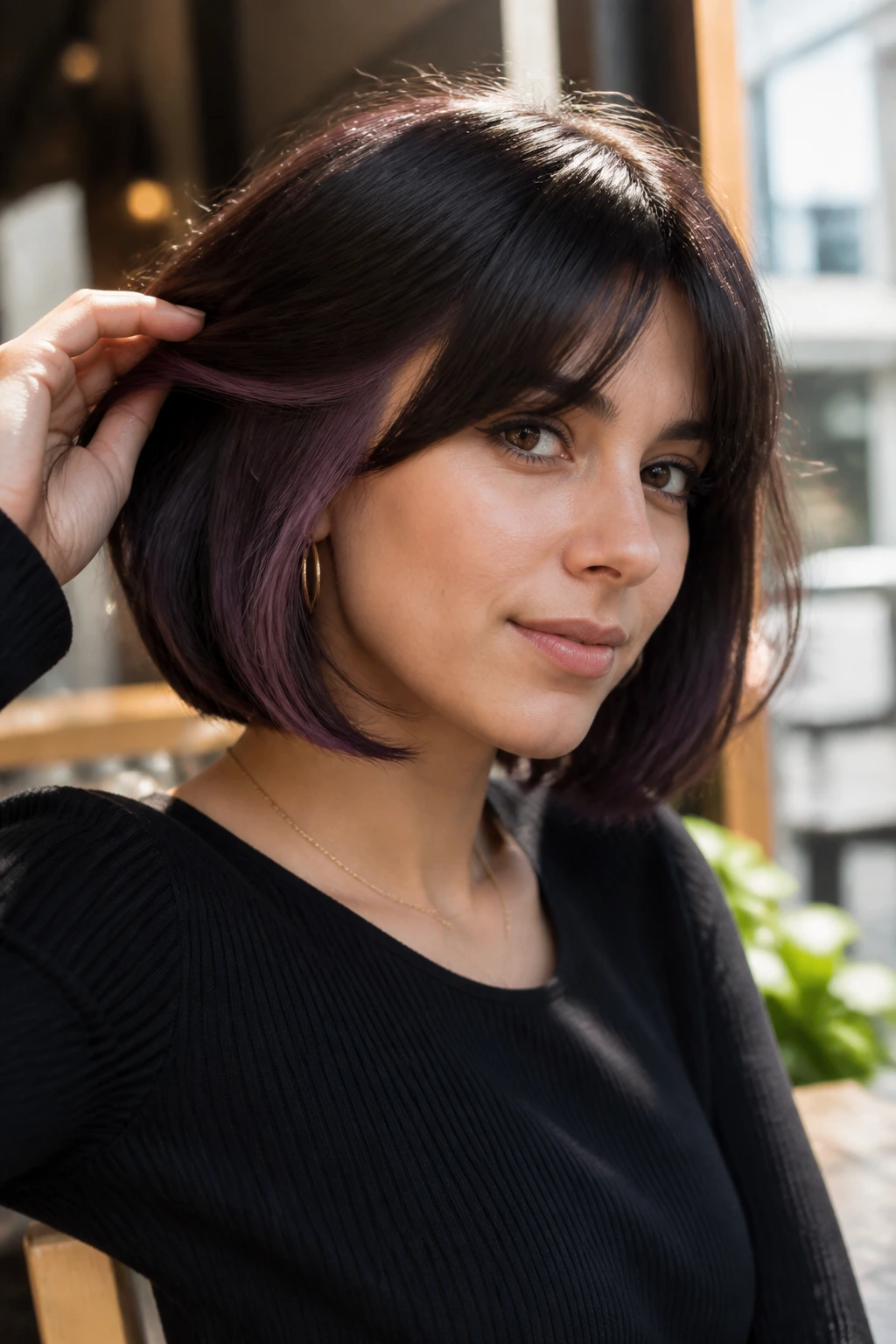 Portrait of a real woman with a dark bob showing smoky plum peekaboo underlayers.
