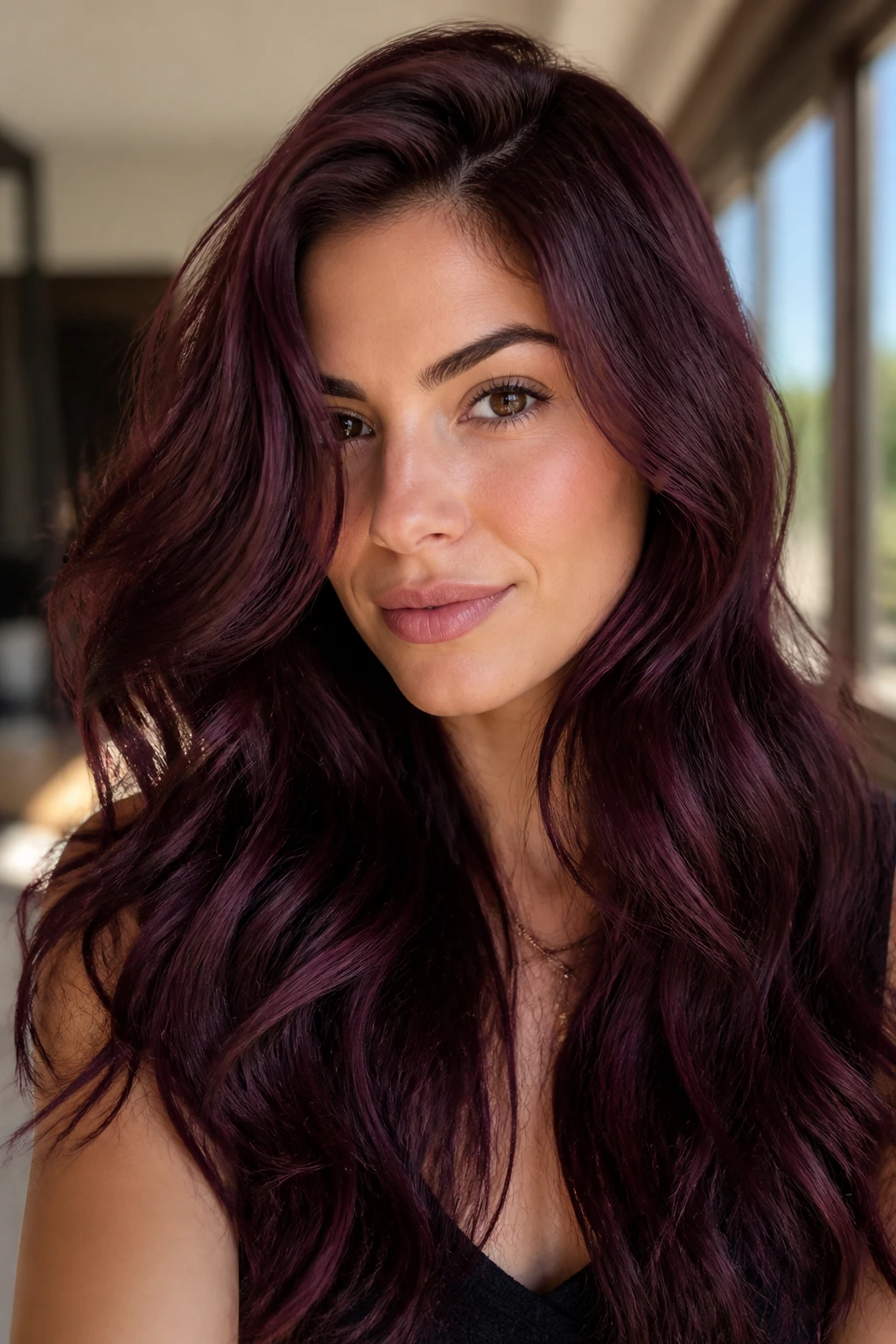 Close-up portrait of a real woman with smoky plum hair in sunlit window light