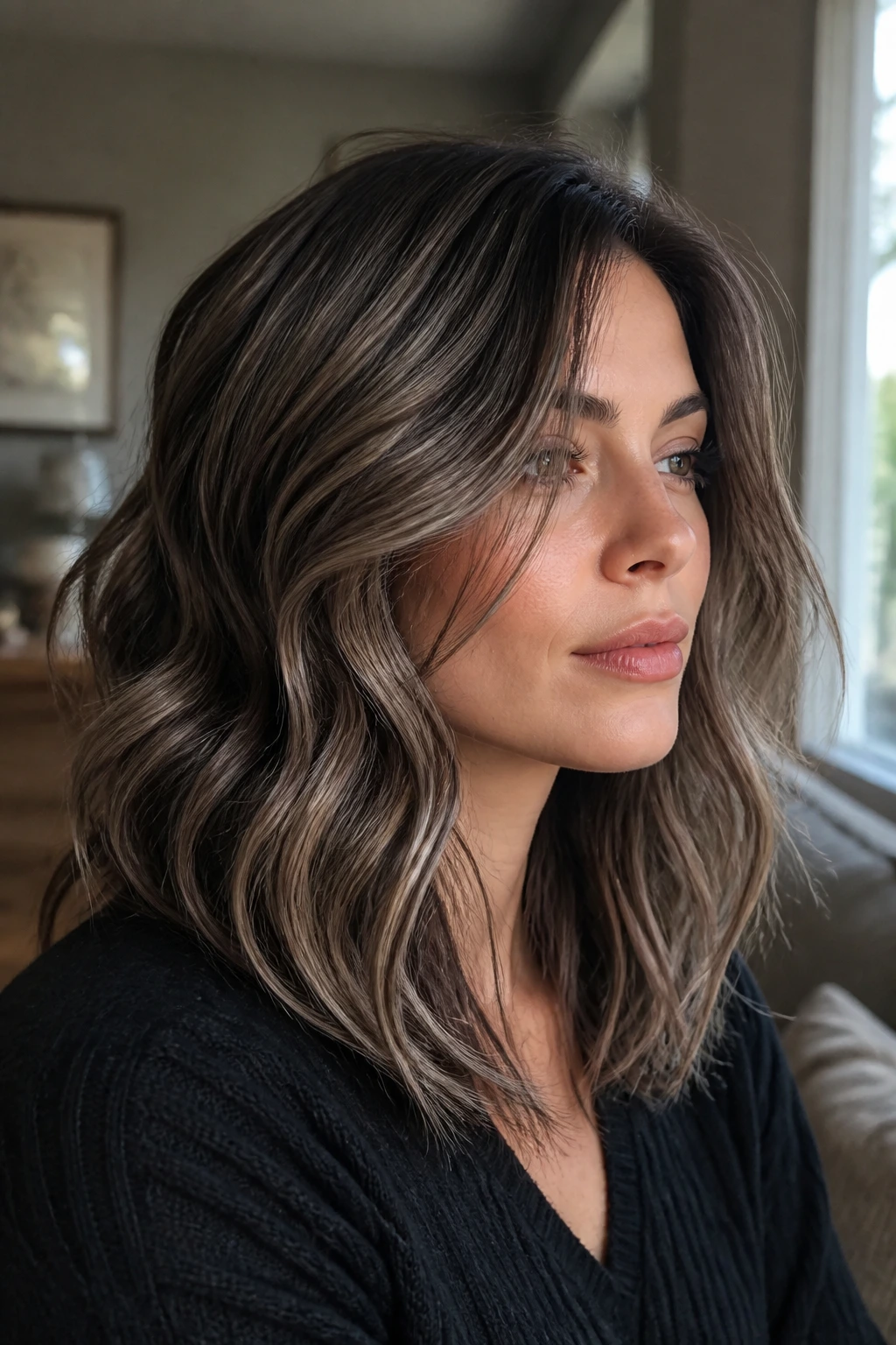 Close-up of a real woman's wavy hair with smoky quartz highlights catching light