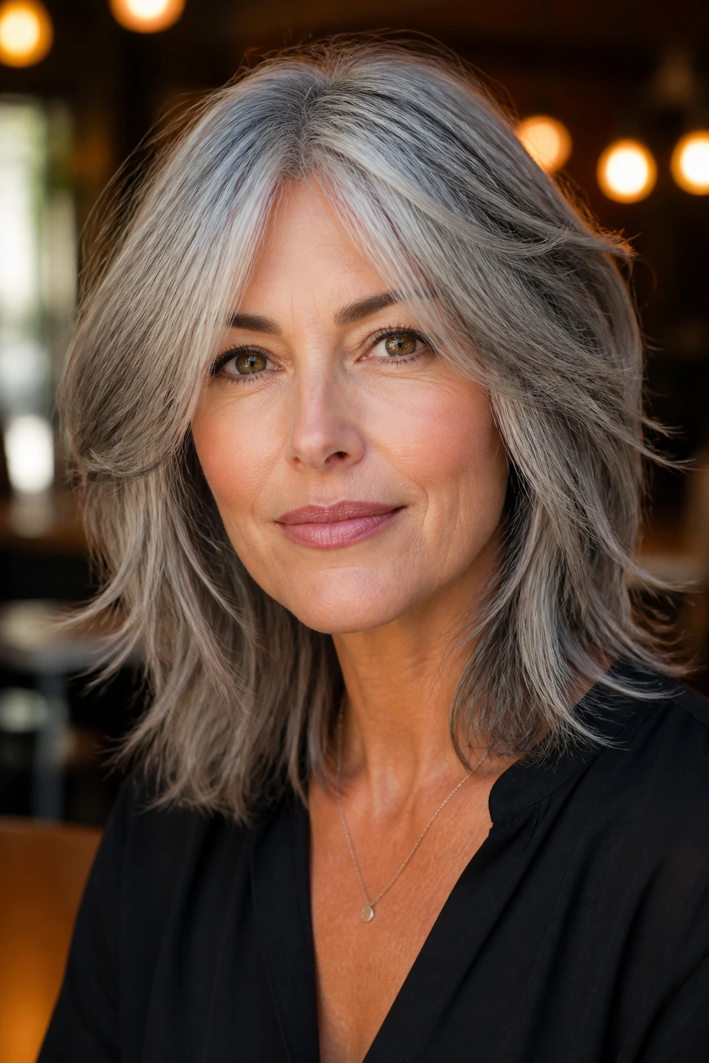 Portrait of a real woman with smoky razor-cut gray hairstyle in warm cafe light