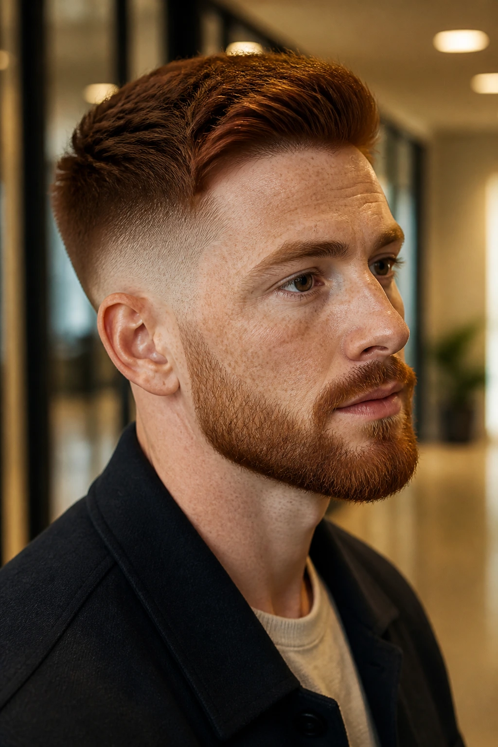 Close-up of man with smoky red fade and muted red top