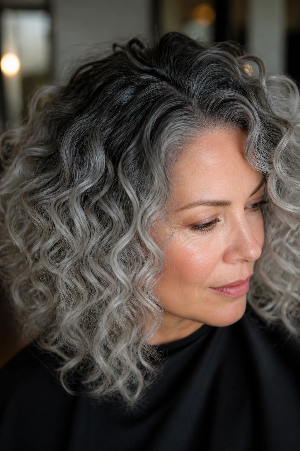 Close-up of a real person with smoky root melt on curly hair.