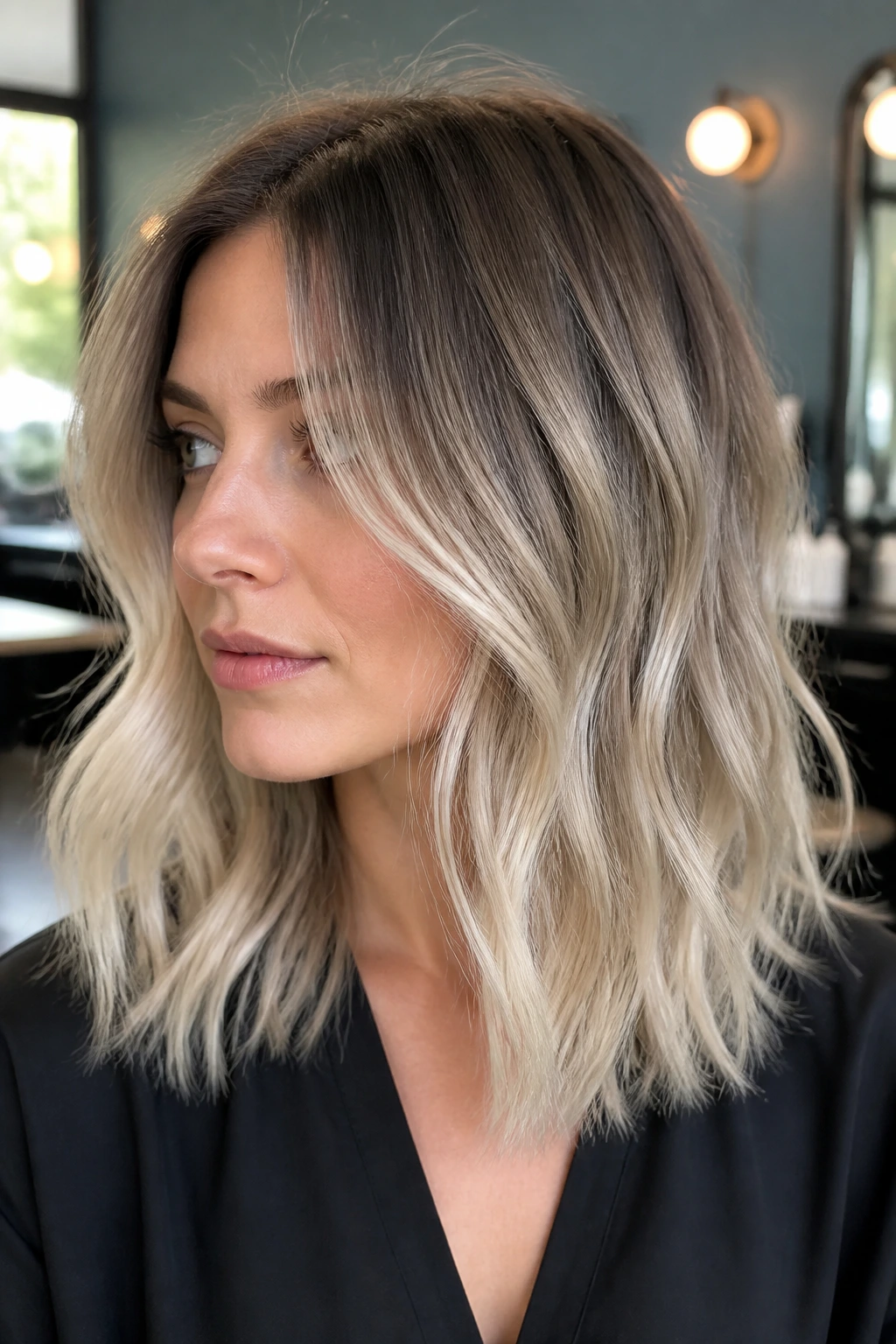 Close-up of a real woman with smoky root shadow to pearl blonde on shoulder-length hair