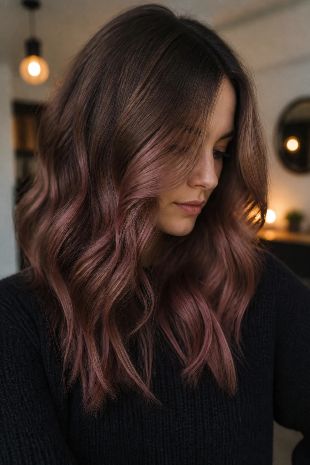 Close-up of Smoky Rose Brown hair on a real woman