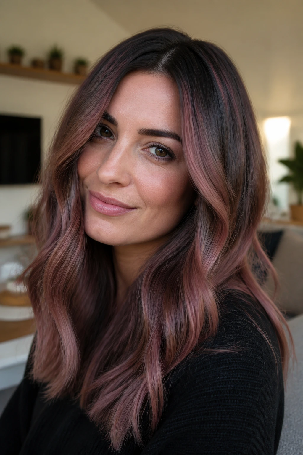 Real woman with smoky rose brunette hair and soft pink ribbons in natural light