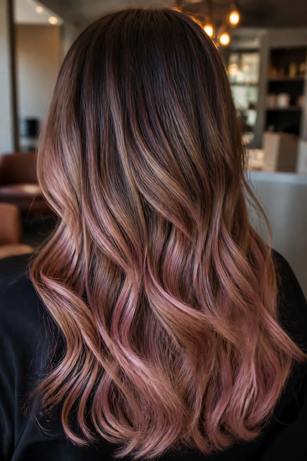 Back of head with long hair showing smoky rose ends and foilayage