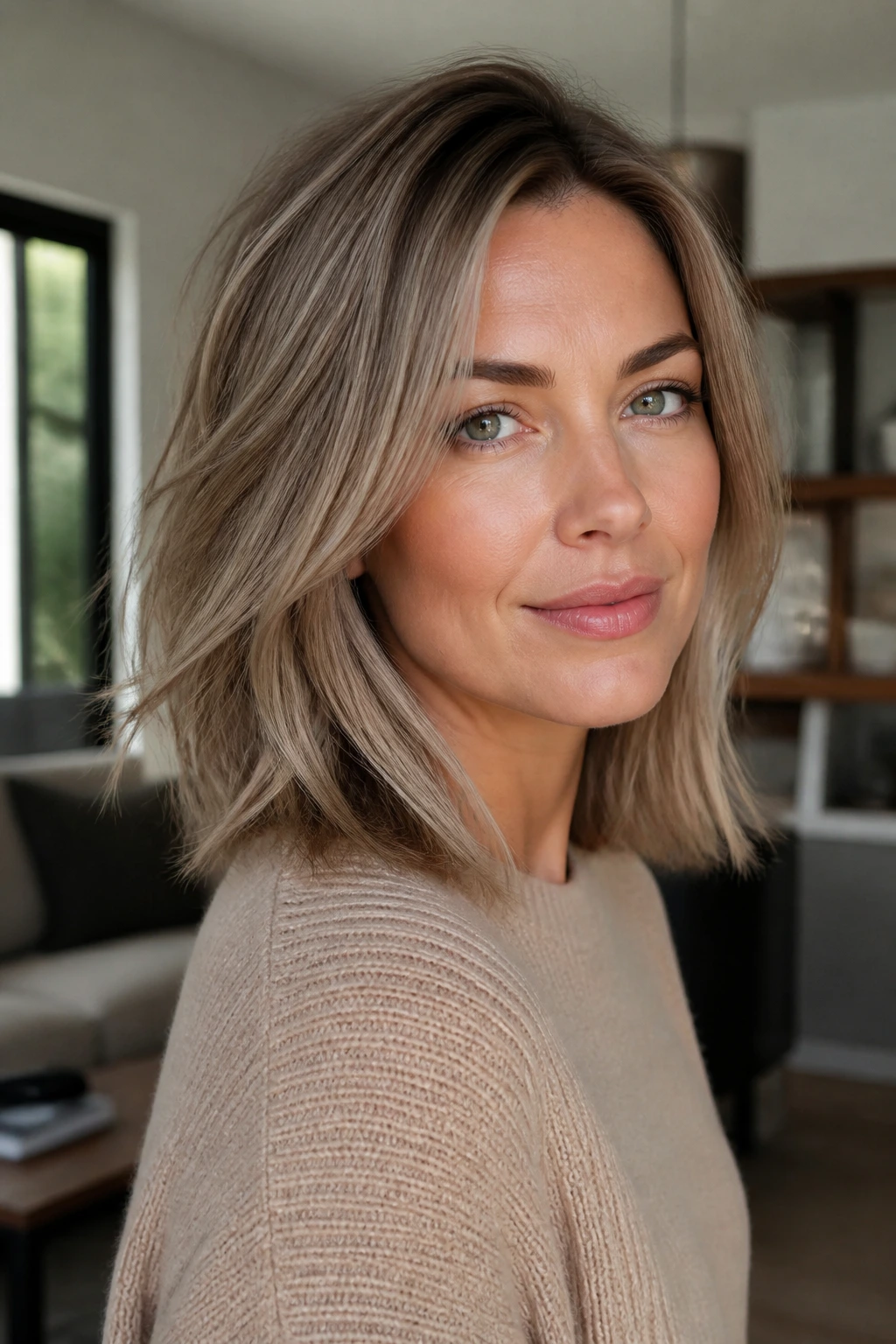 Close-up portrait of a real woman with a smoky sandy lob in cool beige-sand tones.
