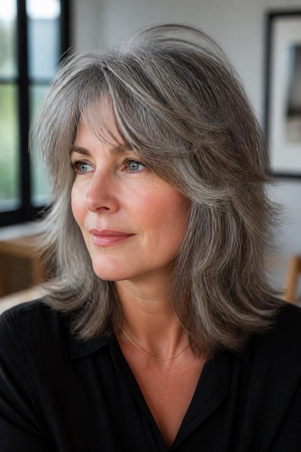 Portrait of person with smoky shag hairstyle and airy crown layers