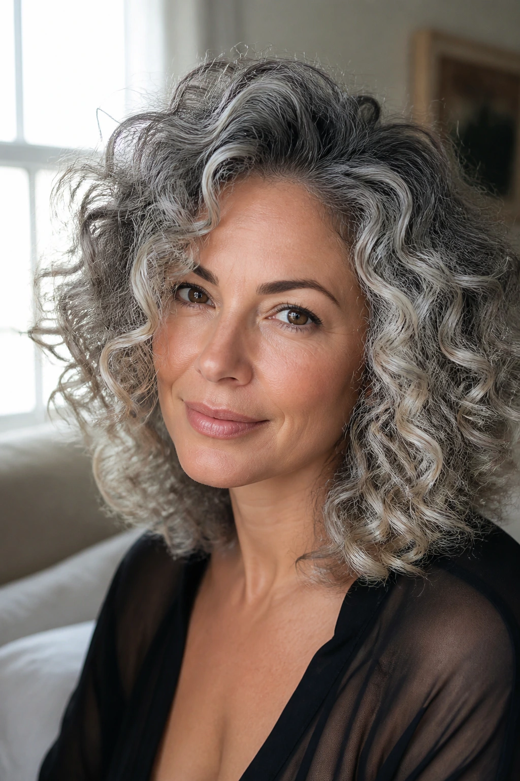 Close-up of curly hair with smoky silver balayage blending gray roots into silver-beige tones